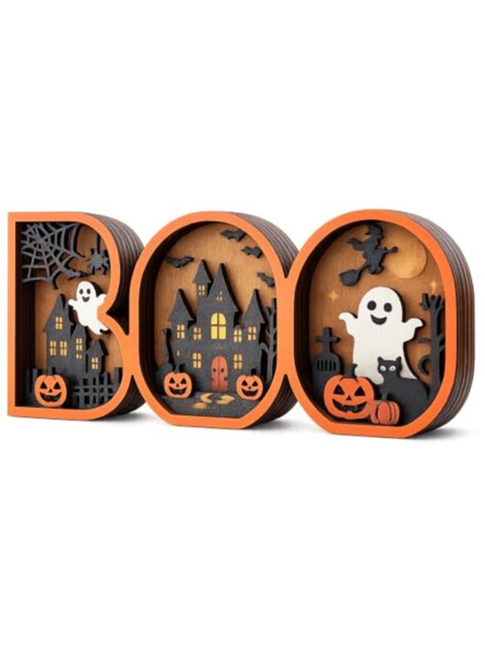 Vintage Halloween Decor 2026, 3D Wooden Cute BOO Sign, Rustic Halloween